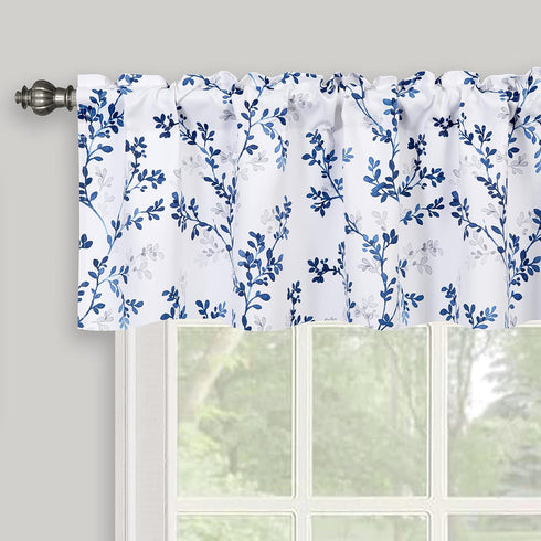 Navy Blue Valance for Windows, Watercolor Botanical Flowers Leaves Printed, Rod Pocket Window Treatments Navy and White Valances for Kitchen Cafe ...