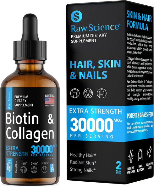 Liquid Collagen & Biotin Supplement for Hair Growth - Biotin 10000mcg Collagen 20000mcg Drops - Biotin and Collagen Vitamins for Skin Hair and Nai...