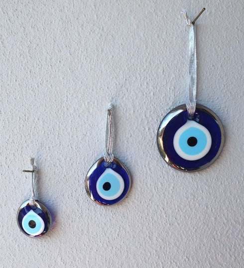 Platinum Plating Handmade Evil Eye Turkish Greek Glass Charm Decorative Ornament for Good Luck, Success and Protection (1.5"-2"-2.7" Set of Three)...
