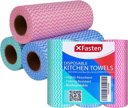 XFasten Disposable Kitchen Towels, 11.8 inches x 7.87 inches, Set of 3 (Red, Green, Blue 150 Total Sheets) Washable and Reusable Cleaning Cloths |...