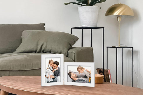 Vertical Horizontal Combo, Double 3.5x5 White Wood Foldable Picture Frame, Opening 3x4.5 Portrait Landscape View, for Desk-top or Wall...