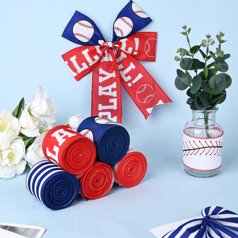 5Rolls Baseball Wired Edge Ribbon 2.5 Inch Red Blue White Sports Ball Pattern Fabric Ribbon for Wreath Bow Making for Sport Themed Birthday Party ...