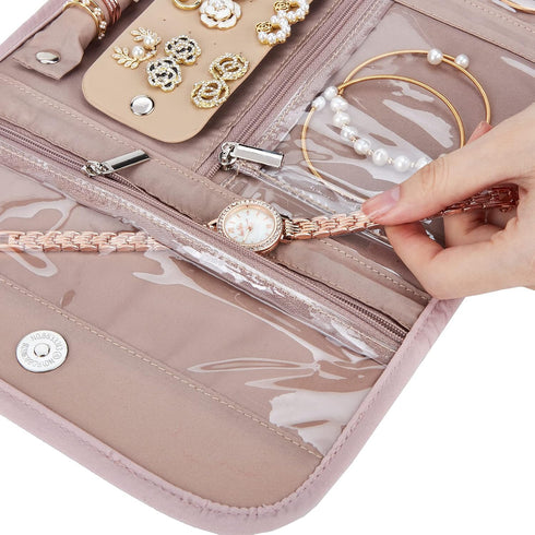 BELALIFE Travel Jewelry Case Organizer, Foldable Jewelry Storage Roll for Earrings, Necklaces, Rings, Bracelets, Brooches, Pink...
