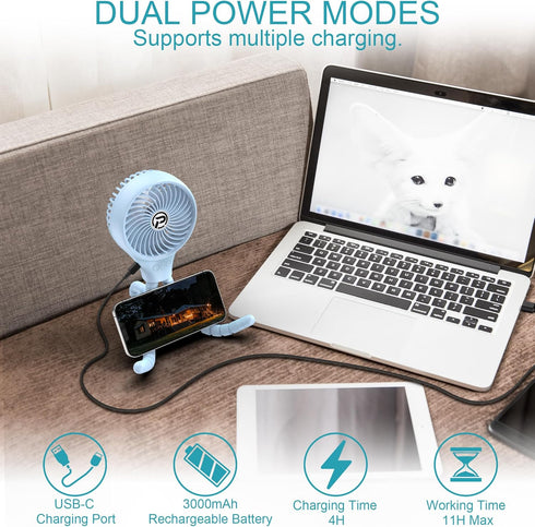 Portable Stroller Fan, Rechargeable Battery Powered Oscillating Fan, Baby Fan with 3 Powerful & Quiet Speeds, 90° Oscillation, Flexible Tripod for...