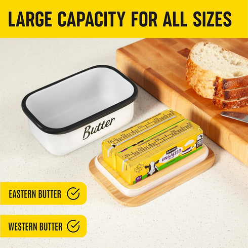 White Butter Dish with Lid for Countertop & Refrigerator - Unbreakable Metal Butter Keeper, Large Butter Container for Fridge, Butter Holder, Butt...