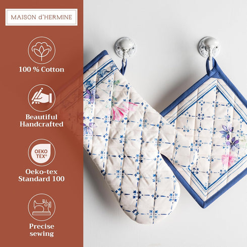 Maison d' Hermine 100% Cotton Oven Mitt & Pot Holder Set (7.5"x13" & 8"x8") Heat Resistant BBQ Cooking Gloves with Loop, Baking, Grilling, Kitchen...