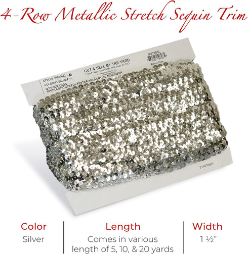 Trims by the Yard 4-Row Metallic Stretch Versatile Crafts Durable Sequin Trim for Costumes Fashion and Home Decor, 1 1/2-Inch, 10-Yard Cut, Silver...