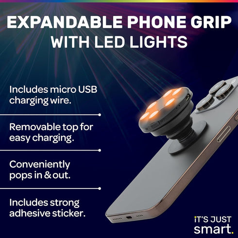 It's Just Smart Expandable Cell Phone Grip with LED Lights by ONQU, Universal and Collapsible BrightGrip with Rechargeable, App Controlled, Sound ...