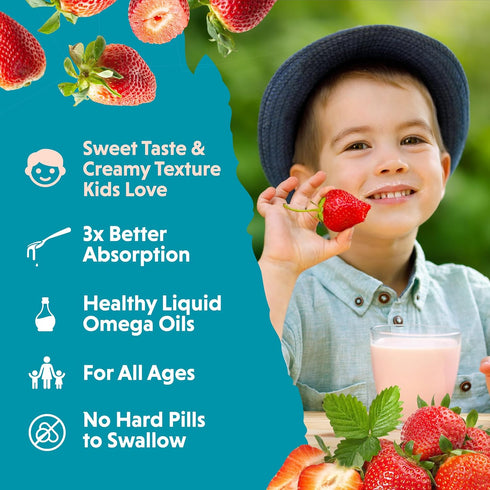 Barlean's Omega Pals Omega 3 for Kids, Yummy Straw-Nana Flavored Children's Liquid Flax Seed Oil Supplement with 1,483 mg ALA, Non-GMO, Vegan Brai...
