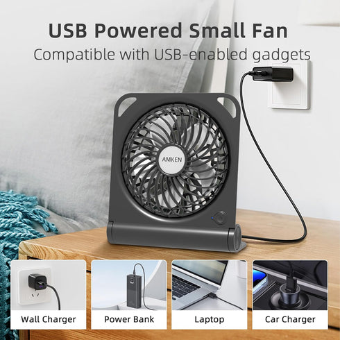 AMKEN Small Table Fans - Powerful USB Fan Desk Fan 4 Speeds Adjustable - 200° Tilt Folding Quiet Operation for Office Bedroom Home Desktop Camping...