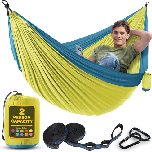 Durable Hammock 500 lb Capacity, Nylon Camping Hammock Chair - Double or Single Sizes w/Tree Straps and Attached Carry Bag - Portable for Travel/B...