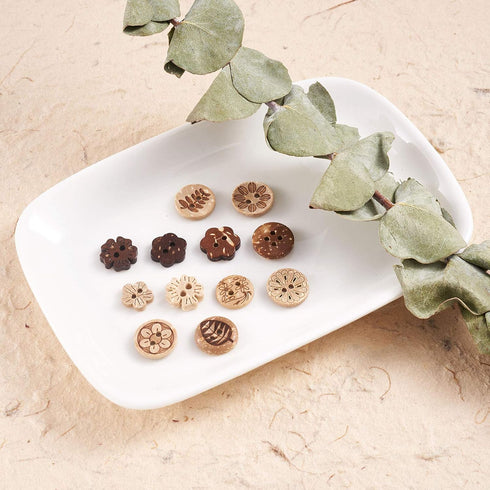 Pandahall 120pcs Coconut Shell Sewing Buttons 2 Holes Flower Leaf Basic Sewn-On Craft Buttons 12 Styles for DIY Sewing Clothing Accessories Scrapb...