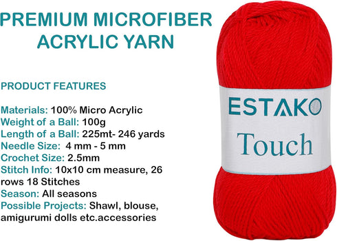 Estako Touch (3- Skeins Pack)%100 Premium Micro Acrylic Yarn 3x100 gr (3x246 yds) (2510 - Red)......