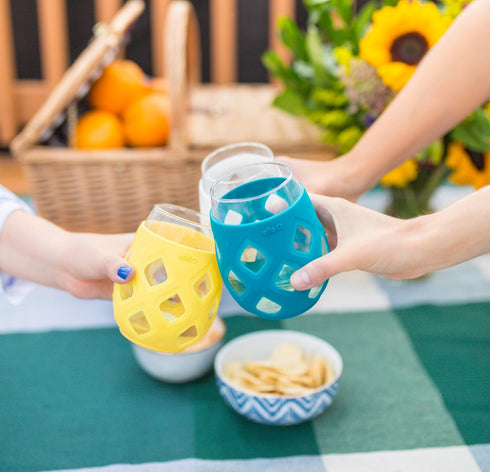 Ello Cru 17oz Stemless Wine Glass Set with Protective Silicone Sleeves, Dishwasher Safe, Cocktail Glass Pack Perfect for Summer Patios and Parties...