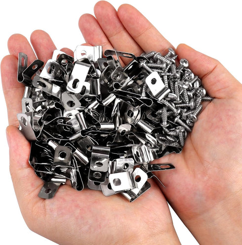 100 Pcs Fence Wire Clamps Stainless Steel Fencing Mounting Clips with 100 Pcs Stainless Steel Screws for 12-16 Gauge Welded Wire to Wood, Metal or...