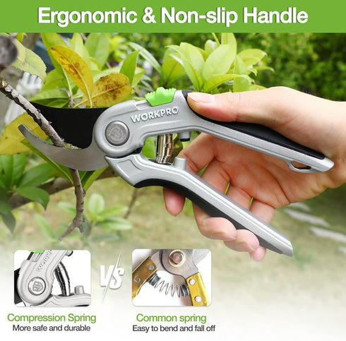 WORKPRO Bypass Pruning Shears, 8" Hand Pruners with Aluminum Handle, Stainless Steel & Sharp SK5 Blades, Professional Plant Snips Clippers for Flo...