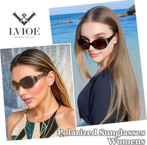 LVIOE Polarized Sunglasses for Women, Rhinestone Wrap Around Sunglasses with UV Protection Lens LS008...