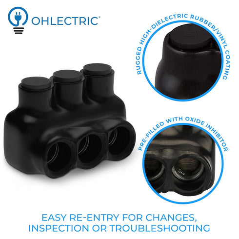 OHLECTRIC Black insulated Connector - Single Side Entry - 3 Port - 4-14" Wire Range - Slotted Hex Screw - Pre-Filled with Oxide Inhibitor - Rubber...