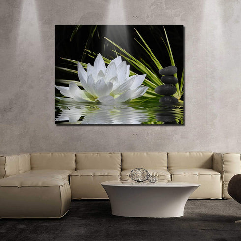 Canvas Wall Art - White Lotus and Black Zen Stones Picture - Modern Wall Decor Gallery Canvas Wraps Giclee Print Stretched and Framed Ready to Han...