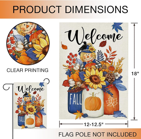 Welcome Fall Scarecrow Pumpkin Sunflower Garden Flag Double Sided, Autumn Harvest Mason Jar Decorative Yard Outdoor Home Small Decor, Maple Leaves...