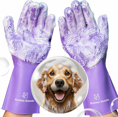 Dog Washing Gloves with Bristle Scrubbers, Reusable Silicone Gloves ideal for Pet Bathing, Massaging & Grooming (Purple)...