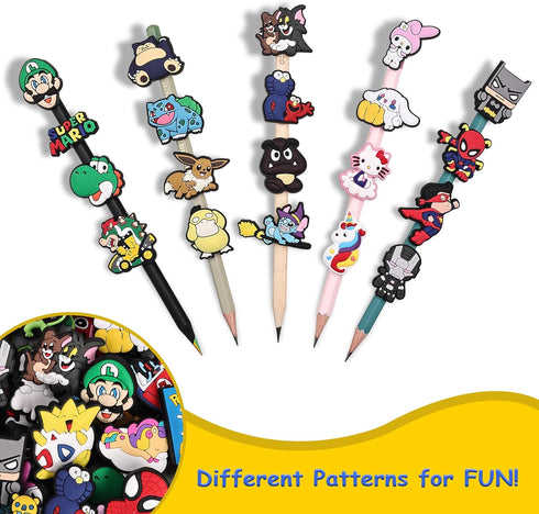 100PCS Mixed Anime Cartoon Pencil Toppers - Kawaii Pen Charms for Boys and Girls, Cute Classroom Rewards and Prizes for Students, Pencil Decoratio...