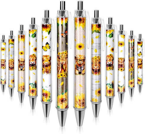 24Pcs Highland Cow Print Ballpoint Pens Retractable Rustic Cow Sunflower Picture Pens Plastic Black Ink Pens for School Home Office Wedding Baby S...