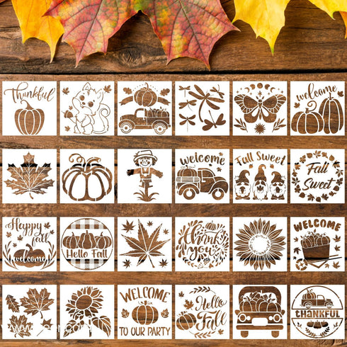 24pcs Fall Stencils, 3x3inch Small Fall Sign Stencils Reusable Fall Stencils for Painting on Wood Autumn Templates for Thanksgiving DIY Crafts on ...