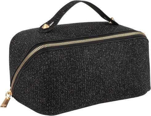 Large Capacity Travel Cosmetic Bag - Lay Flat Makeup Bag with Handle and Compartment Large Opening Sparkly Glitter Cosmetics Organizer for Girl, B...