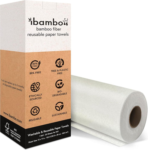 1 Roll of Bamboo Reusable Paper Towels - Heavy Duty & Super Absorbent | Durable, Ecofriendly Machine Washable Paper Towels | 100% Rayon Derived Fr...