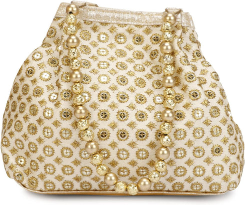 Indian Ethnic Designer Embroidered Silk Potli Bag Batwa Pearls Handle Purse (Golden-3)...