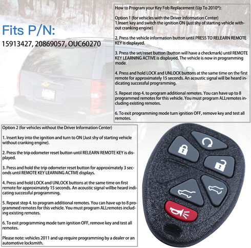 Car Key Fob Keyless Entry Remote for 2007-2014 Chevy Tahoe, Suburban, GMC Yukon XL 1500 and 2500 OUC60270, OUC60221, 315Mhz Set of 2...