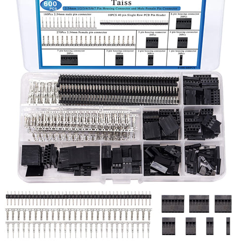 Taiss 600PCS Dupont Connector Kit 2.54mm 1/2/3/4/5/6/7 Pin Housing Connector and Male Female Crimp Pin,Dupont Crimp Pin Adaptor Assortment,Jumper ...