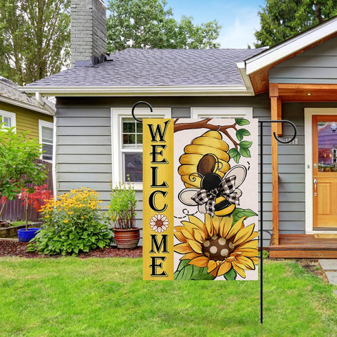 Welcome Spring Summer Bumble Bee Sunflower Decorative Garden Flag, Flower Honeycomb Yard Outside Decorations, Buffalo Plaid Bow Burlap Farmhouse O...