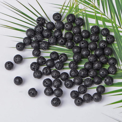 8mm 100pcs Natural Black Lava Gemstone Round Loose Beads for Jewelry Making with Crystal Stretch Cord...