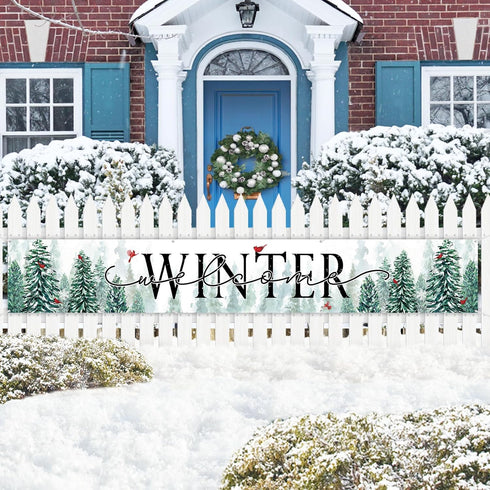 Winter Welcome Snowy Forest Large Outdoor Banner 120x20 Inch, Pine Tree Cardinal Red Bird Decorative Fence Yard Garden Sign Backdrop Home Decor, C...