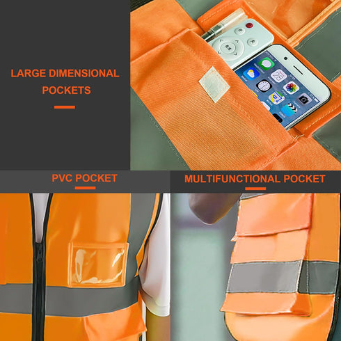 GOOFIT High Visibility Safety Vest for Men and Women Cycling Vest with Zip Reflective Vest Work Vest With 4 Front Pockets and Zip S Orange...