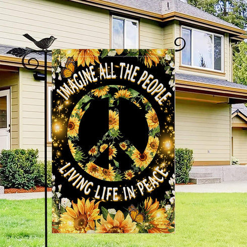 Hippie Sunflower Garden Flag Double Sided 12Wx18L Inch Imagine All The People Living Life in Peace Flag Positive Quotes Small Vertical Yard Flag f...