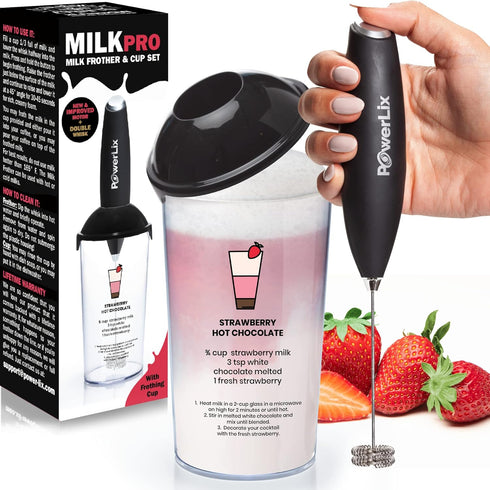 POWERLIX Milk Frother Handheld Battery Operated Electric Foam Maker For Coffee, Latte, Frappe, Matcha, Drink Mixer With Stainless Steel Double Whi...
