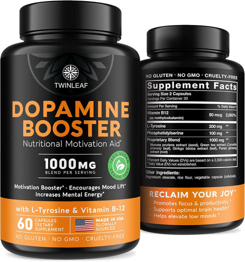 Dopamine Brain Support Supplement, 1000 mg Blend - Made in USA - with Vitamin B12 and L-Tyrosine - Enhance Mental Well-Being - 60 Capsules...