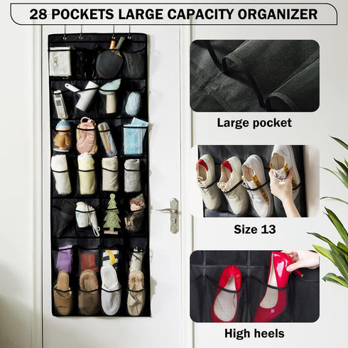 Over Door Shoe Organizer, Door Shoe Rack - 28 Extra Large Mesh Pocket Over The Door Shoe Organizer,Hanging Shoe Organizer, Black...