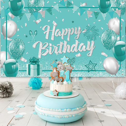 Teal and Silver Birthday Banner - Turquoise Green Party Decorations, Mint Blue Backdrop for Girls Boys Baby Shower, Glitter Party Supplies 71 x 44...