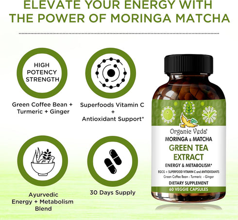 Organic Veda Moringa & Matcha Green Tea Extract Supplement with ECGC, Vitamin C & Antioxidant - Energy Boost & Metabolism Support Moringa Capsules...