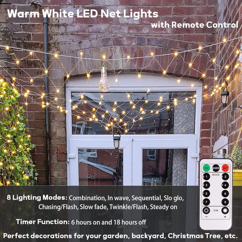 echsoari Battery Operated Net Lights, 100 LED Net Fairy Lights 8 Modes Remote Timer Dimmable Garden Patio Mesh Lighting for Bush Deck Fence Wall P...