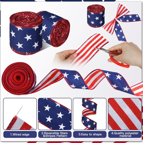 20 Yards Patriotic Wired Edge Ribbon 4th of July Star Strip Burlap Ribbon Red Blue White American Flag Decorative for Independence Day Memorial Da...
