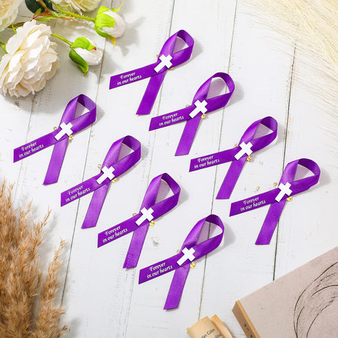 100 Pcs Cross Funeral Ribbons Memorial Ribbon Memorial Service Respect Ribbon Bow with Safety Pin for Mourning (Purple)...