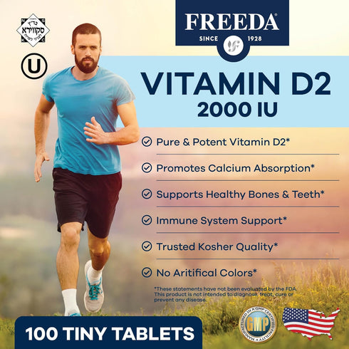 FREEDA Vitamin D2 2000 IU – Vegan Vitamin D for Bone Strength & Immune Support – Vegan Ergocalciferol D2 Supplement – 100 Tiny Tablets...