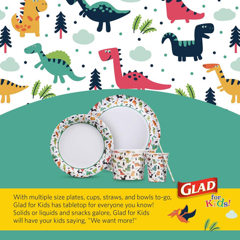 Glad for Kids Dinosaur Party Supplies - Heavy Duty Disposable Paper Snack Bowls with Lids, Perfect for Birthday Parties, Colorful Party Plates. Gr...