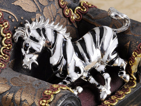Alilang Silvery Tone Black White Striped African Zebra Horse Brooch Pin...