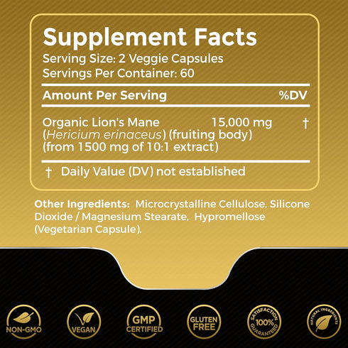 Lions Mane Supplement Capsules - 120 Count - Mushroom Supplement, Brain Supplements for Memory and Focus, Lion's Mane Mushroom Capsules Organic - ...